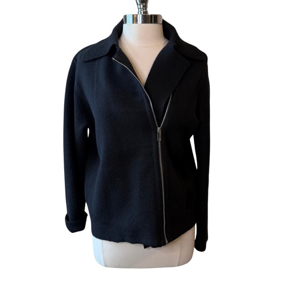 ANN TAYLOR Black Sweater Jacket Size Large Asymmetrical Pockets - Picture 1 of 12